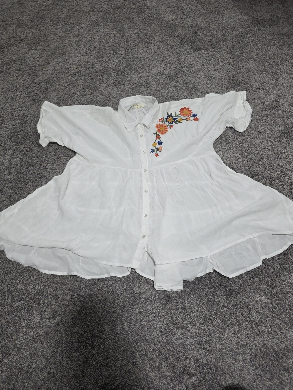Solitaire White Button-Down Tunic with Orange & Blue Floral Embroidery